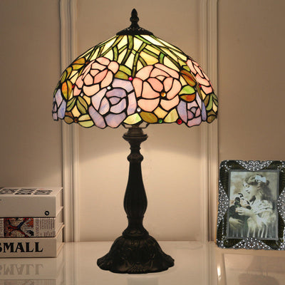 Traditional Tiffany Rose Flower Stained Glass Dome 1-Light Table Lamp For Bedroom