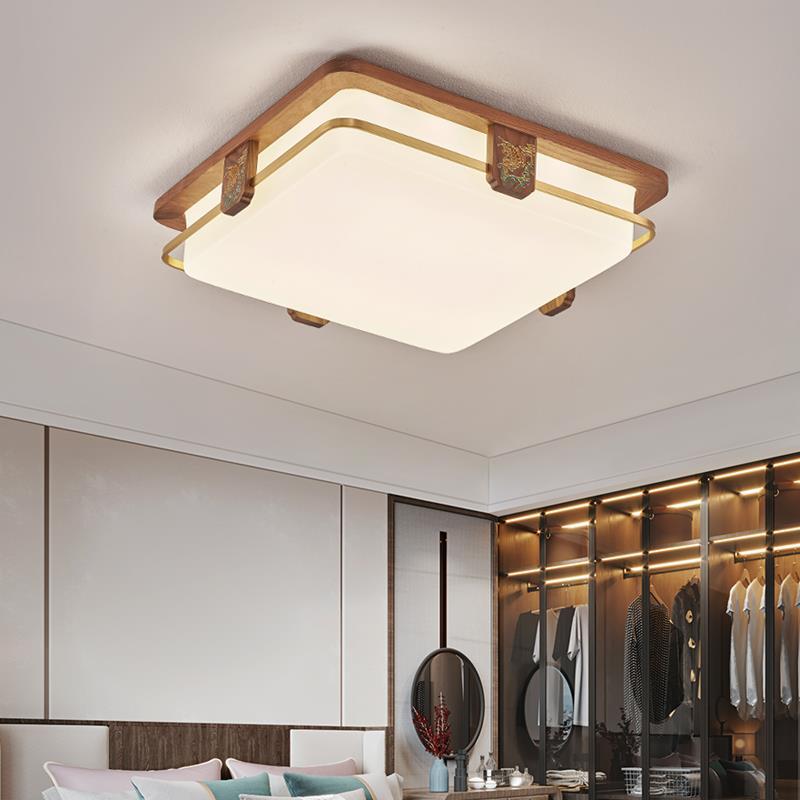 Traditional Chinese Walnut Copper Acrylic Round Square Rectangular LED Flush Mount Ceiling Light For Living Room