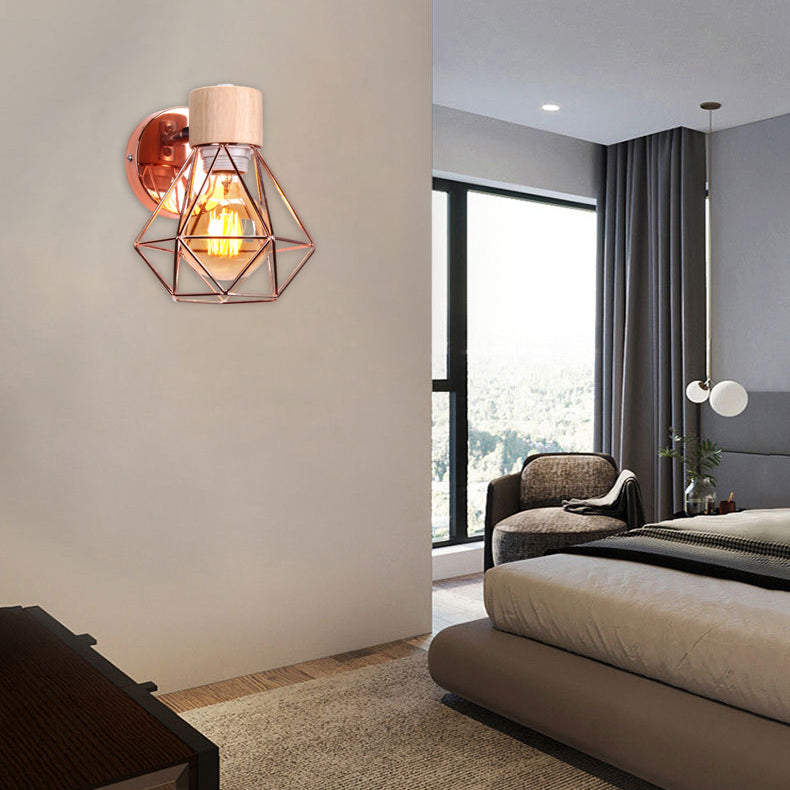 Contemporary Luxury Iron Wood Polygon Diamond 1-Light Wall Sconce Lamp For Bedroom