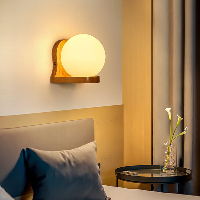 Modern Minimalist Orb Shape Wood Glass 1-Light Wall Sconce Lamp For Bedroom