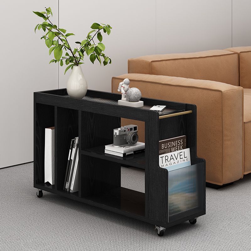 Contemporary Simplicity Rectangle Tempered Glass Top Wood Side Table 5-Cabinet Casters For Living Room