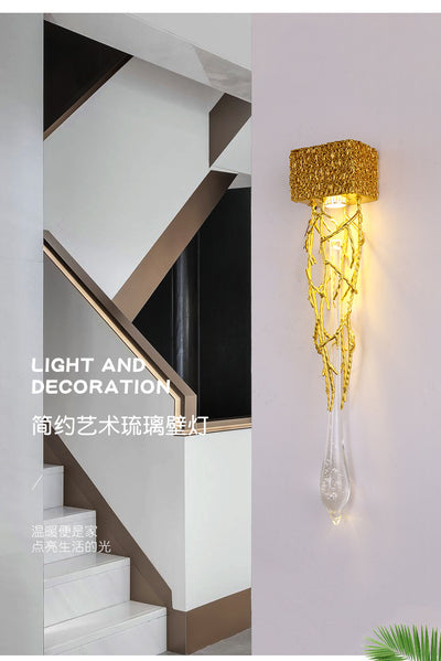 Contemporary Luxury Iron Copper Crystal Branch Drop 1-Light Wall Sconce Lamp For Living Room