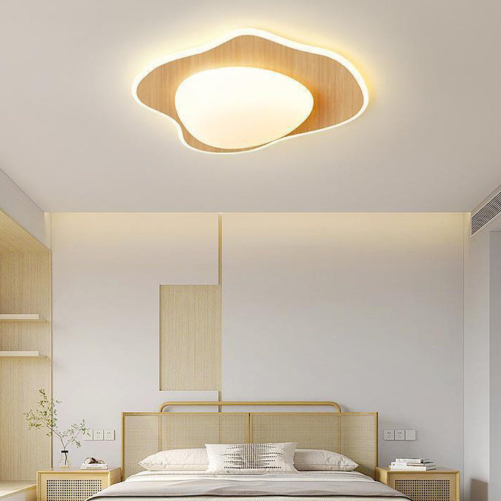 Modern Simplicity Poached Egg Round Wood Plastic LED Flush Mount Ceiling Light For Bedroom