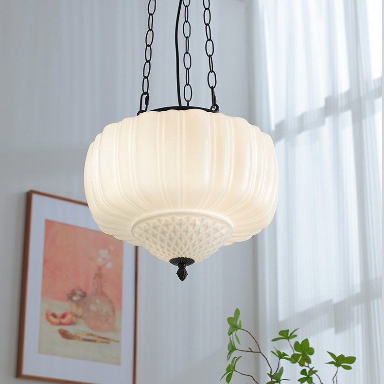 Modern Minimalist Cream Lantern Iron Glass 3-Light Pendant Light For Living Room