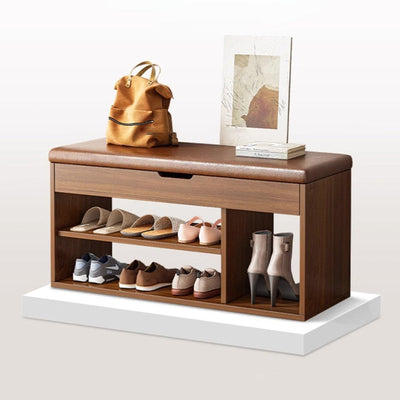 Modern Minimalist Rectangle Fabric PU Leather Wood Shoe Storage 3-Tier For Entryways