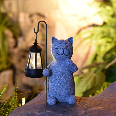 Contemporary Creative Solar Kitten Carry Lantern Resin Plastic LED Outdoor Light For Garden