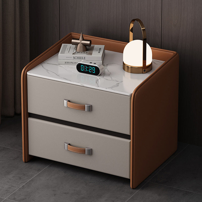 Modern Simplicity Rectangular Slab Saddle Leather Wood Nightstand 2-Drawer For Bedside