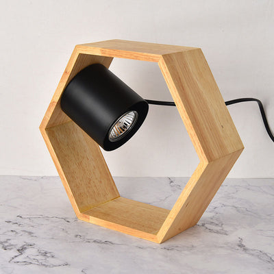 Lampe de table à 1 lumière hexagonale minimaliste moderne en métal et bois pour aromathérapie 