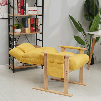 Silla de acento contemporánea nórdica rectangular de tela y madera con respaldo y reposabrazos para sala de estar 