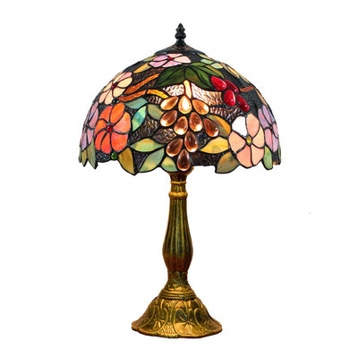 Traditional Tiffany Aluminum Alloy Glass Dome Grape Flower 1-Light Table Lamp For Bedside