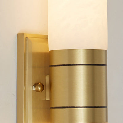 Traditional Chinese Full Copper Marble Cylinder Shade 2-Light Wall Sconce Lamp For Living Room