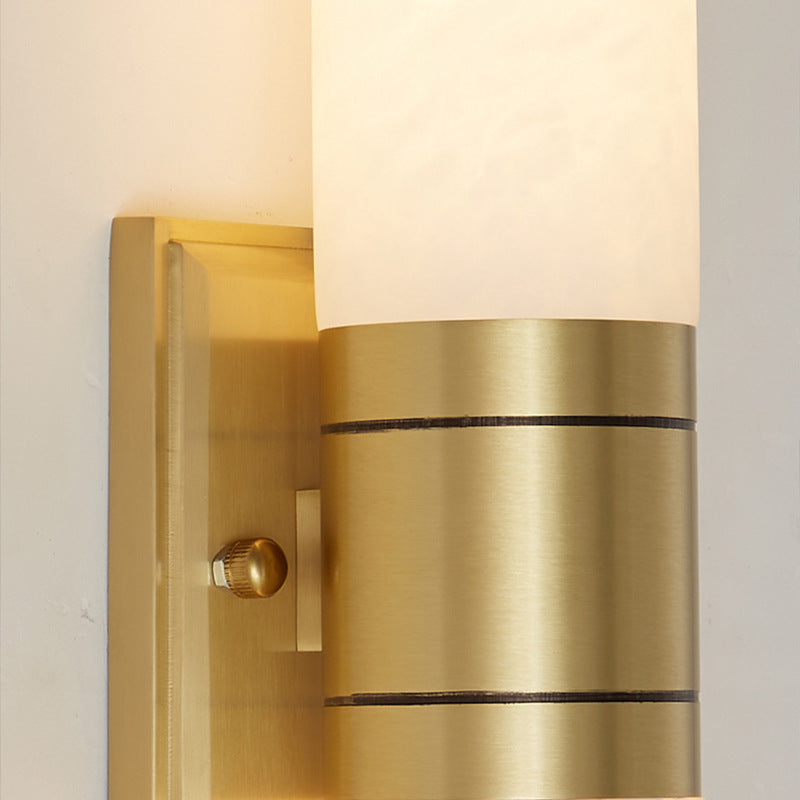 Traditional Chinese Full Copper Marble Cylinder Shade 2-Light Wall Sconce Lamp For Living Room