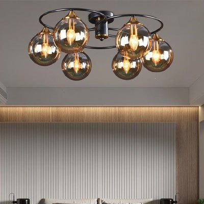 Modern Mid-Century Iron Frame Magic Bean Glass Shade 4/6-Light Semi-Flush Mount Ceiling Light For Living Room