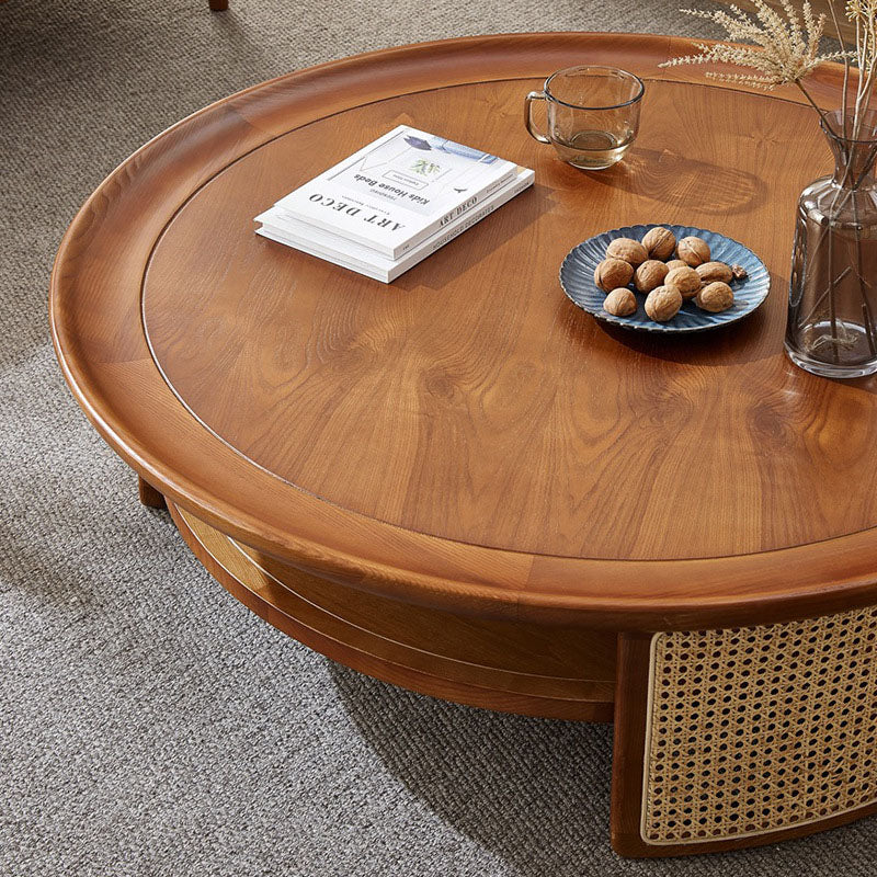 Traditional Japanese Round Wood Weaving Coffee Table For Living Room