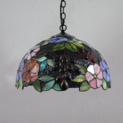 Traditional Tiffany Iron Stained Glass Flower Shape 1-Light Pendant Light For Living Room