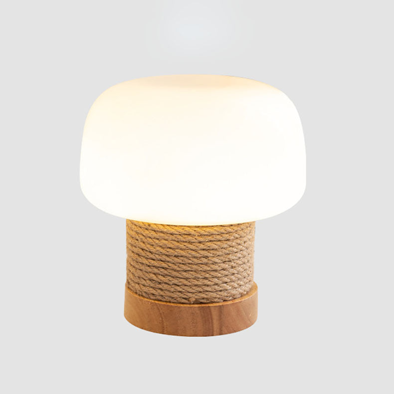 Modern Minimalist Cylinder Mushroom Shape Oak Twine Glass 1-Light Table Lamp For Bedroom