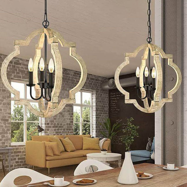 Industrial Creative Four-Sided Ring Candle Holder Iron Solid Wood 4-Light Pendant Light