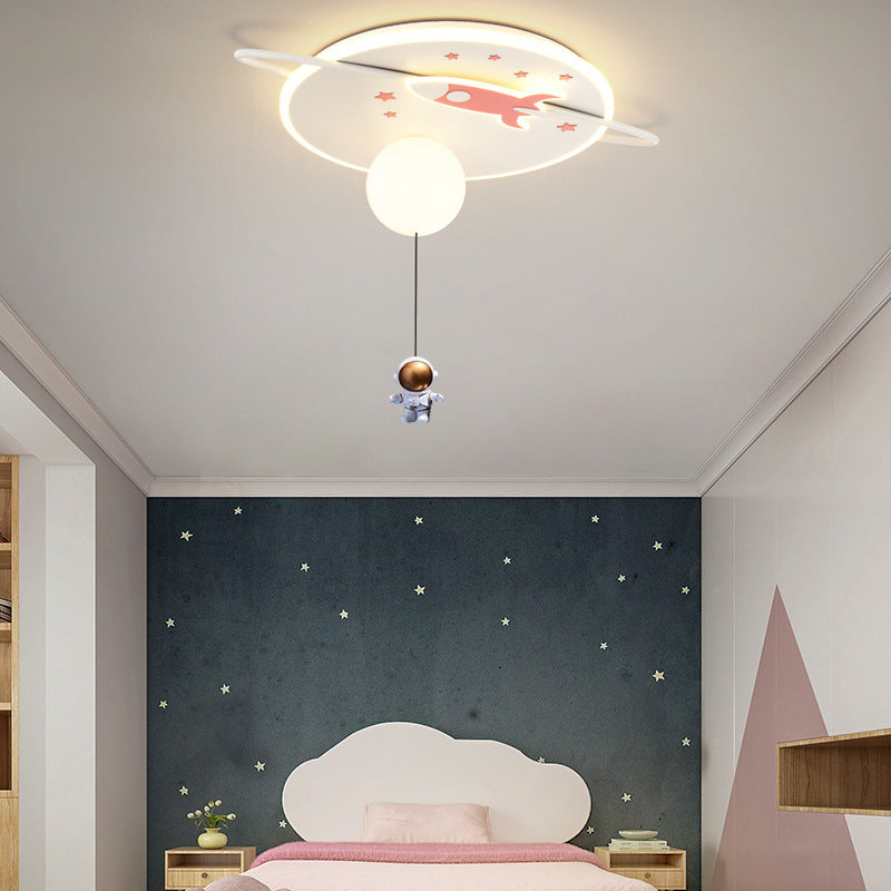 Contemporary Creative Iron Acrylic Rocket Astronaut LED Kids Flush Mount Ceiling Light For Bedroom