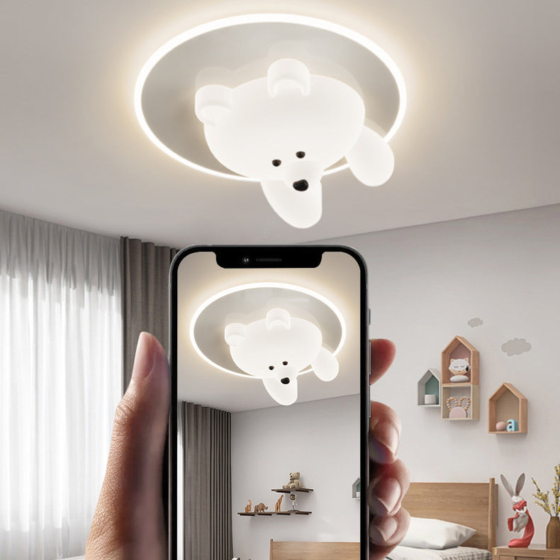 Modern Art Deco Round Cloud Bear Acrylic Iron LED Flush Mount Ceiling Light For Bedroom