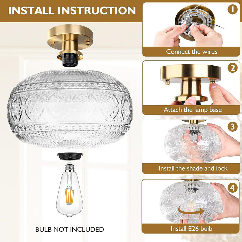 Modern Minimalist Round Patterned Spherical Glass Crystal Iron 1-Light Semi-Flush Mount Ceiling Light For Living Room