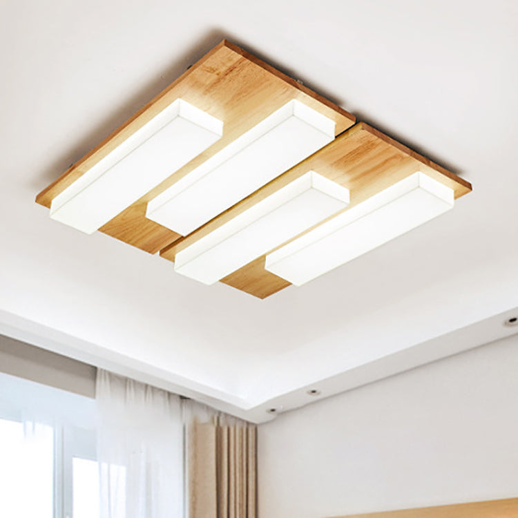 Traditional Japanese Acrylic Rectangular Block Combination Wood LED Flush Mount Ceiling Light For Bedroom