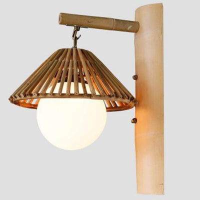 Modern Cone Bamboo Wood Rattan 1-Light Wall Sconce Lamp