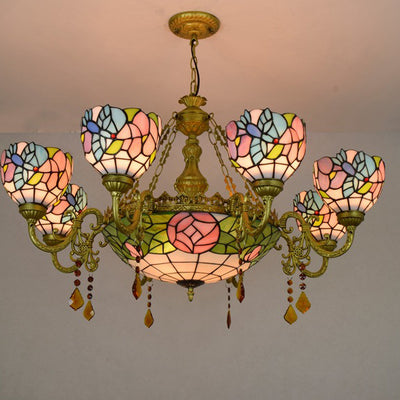 Traditional Tiffany Flower Dome Iron Glass Alloy 8/11 Light Chandeliers For Living Room