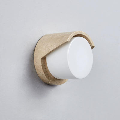 Traditional Japanese Cylindrical Beige Travertine 1-Light Wall Sconce Lamp For Bedroom