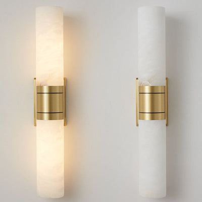 Traditional Chinese Full Copper Marble Cylinder Shade 2-Light Wall Sconce Lamp For Living Room