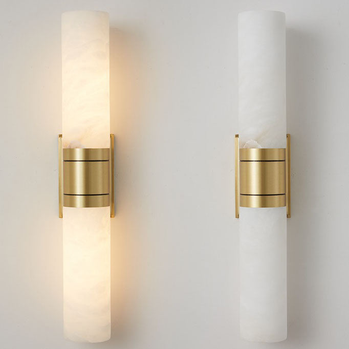 Traditional Chinese Full Copper Marble Cylinder Shade 2-Light Wall Sconce Lamp For Living Room