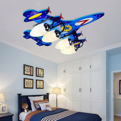 Contemporary Creative Wooden Airplane Acrylic 4-Light Flush Mount Ceiling Light For Bedroom