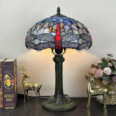 Traditional Tiffany Metal Hardware Glass Semicircular Dragonfly Flower Water Drop 1-Light Table Lamp For Bedroom