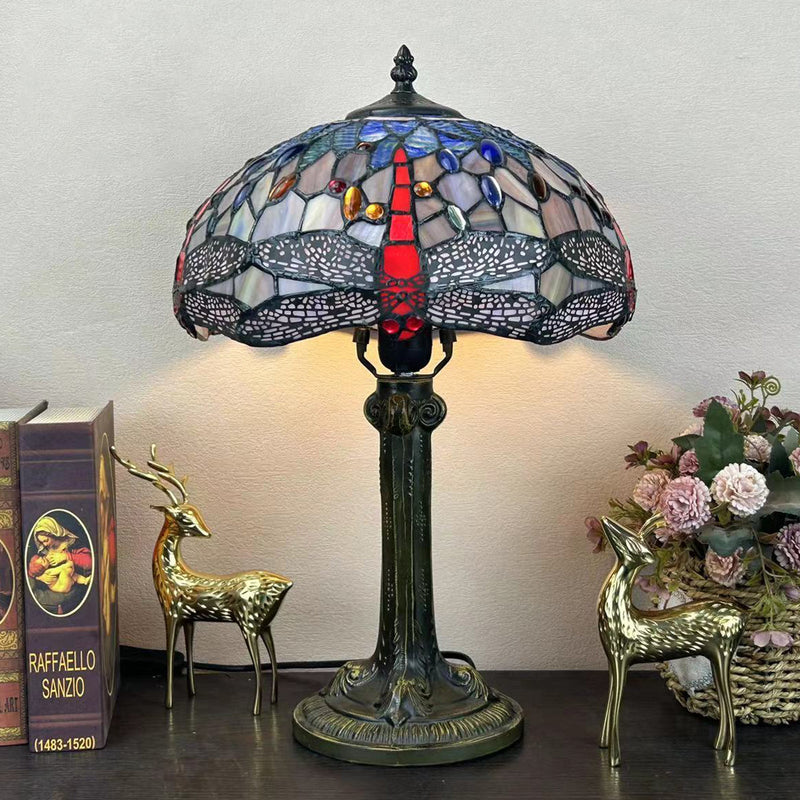 Traditional Tiffany Metal Hardware Glass Semicircular Dragonfly Flower Water Drop 1-Light Table Lamp For Bedroom