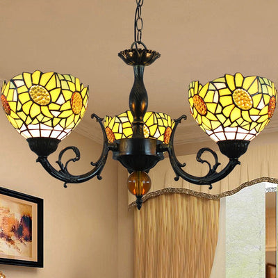 Traditional Tiffany Pastoral Yellow Sun Flower Pattern Stained Glass 3-Light Chandelier For Dining Room