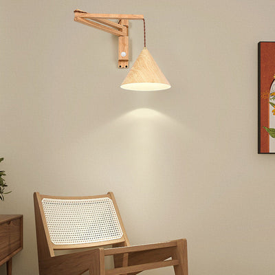 Modern Minimalist Cone Retractable Long Iron Water Turned Wood Grain Wood Wall Sconce Lamp For Bedroom