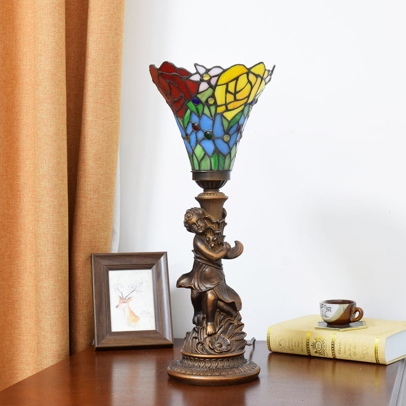 Traditional European Resin Glass Torch Rose Boy 1-Light Table Lamp For Bedroom