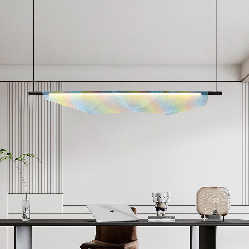 Modern Minimalist Iron Long Strip Rainbow Mesh Decor LED Island Light Pendant Light For Dining Room