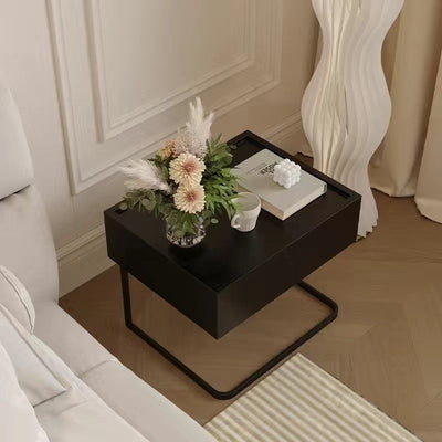 Modern Minimalist Rectangular Solid Wood Iron Nightstand 1-Drawer For Bedroom