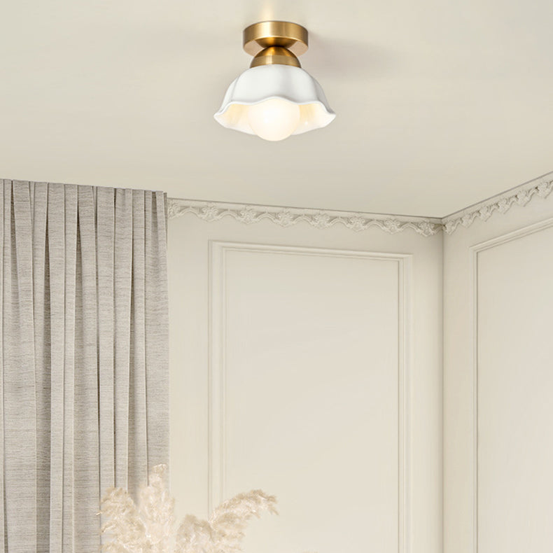 Modern Minimalist Copper Ceramic Flower 1-Light Semi-Flush Mount Ceiling Light For Hallway