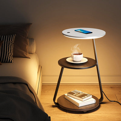 Contemporary Nordic Round Walnut Marble Iron Nightstand Mobile Phone Wireless Charging 2-Tier For Bedside