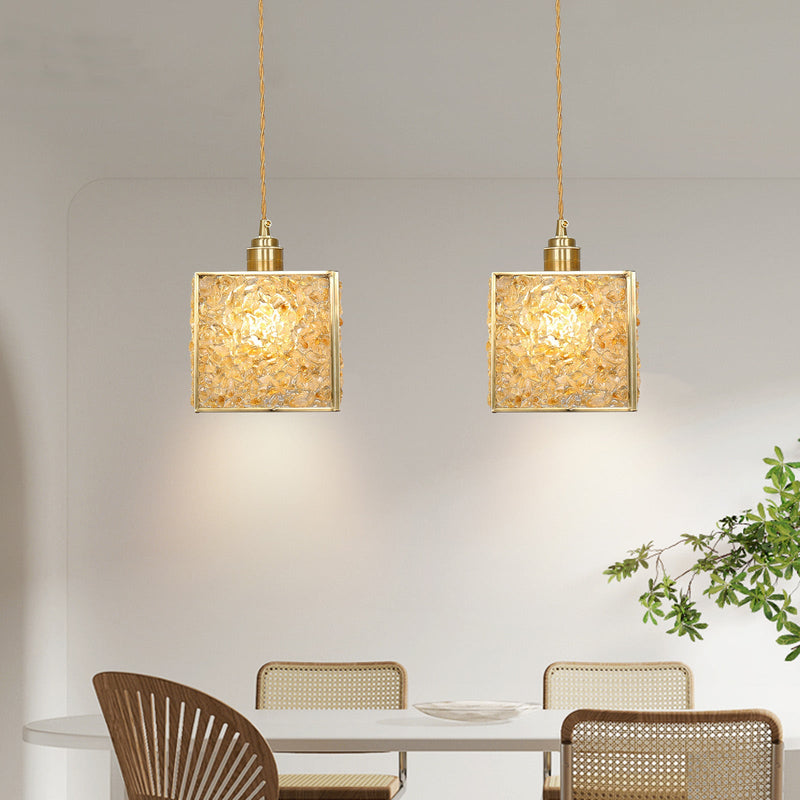 Modern Luxury Square Cube Gold Copper Frame Glass Shade 1-Light Pendant Light For Living Room