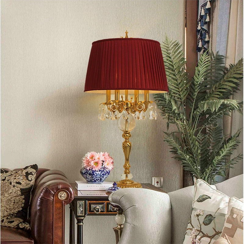 Traditional French Copper Crystal Fabric Cylinder Pleated 5-Light Table Lamp For Bedside