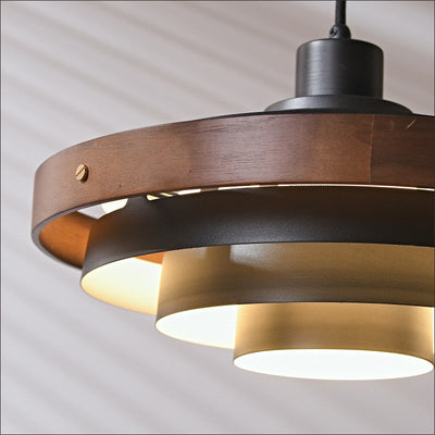 Modern Minimalist Multiple Layers Round Hardware Solid Wood 1-Light Pendant Light For Living Room