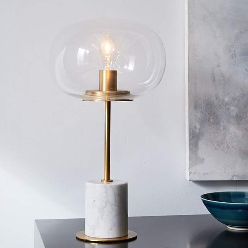 Modern Minimalist Round Ball Cylinder Marble Base Iron Glass 1-Light Table Lamp For Living Room