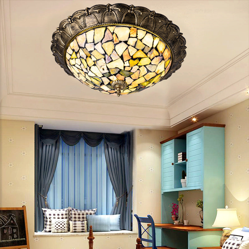 Traditional Rustic Round Dome Iron Stained Glass LED Flush Mount Ceiling Light For Living Room