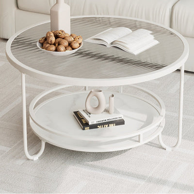 Modern Simplicity Round Striped Glass Slab Metal Coffee Table 2-Tier For Living Room