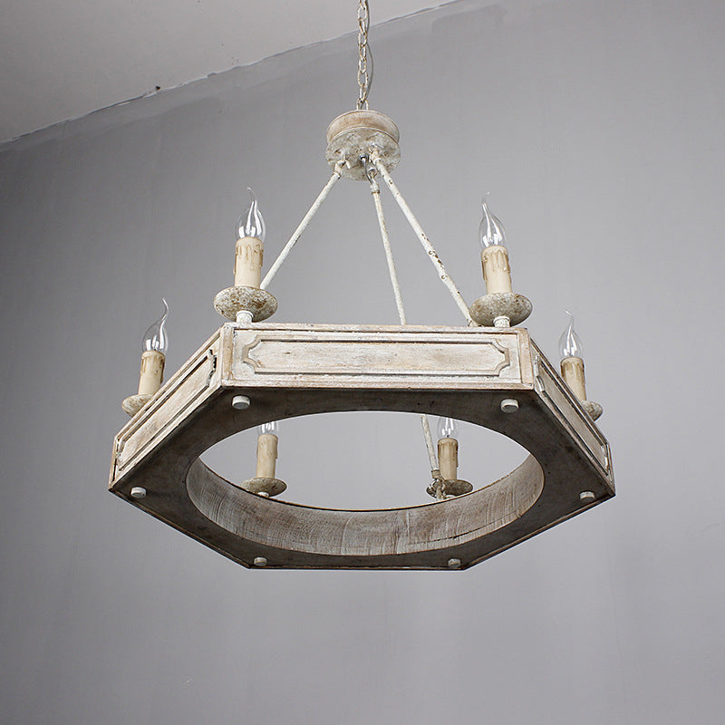 Traditional Rustic Distressed White Carving Wood Beam Hexagon Iron 6-Light Chandelier For Living Room