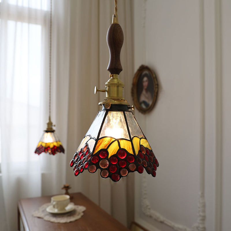 Traditional Vintage Brass Glass Flower Colored Grapes 1-Light Pendant Light For Dining Room