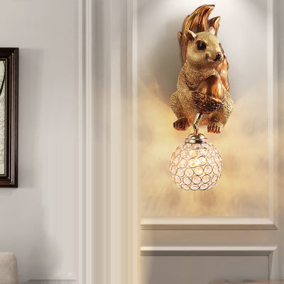 Traditional European Kids Squirrel Ball Crystal Resin 1-Light Wall Sconce Lamp For Bedside