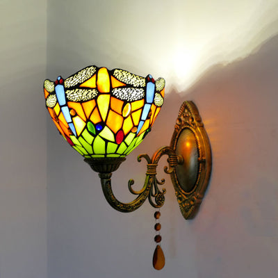 Traditional Tiffany Cup Rose Sunflower Dragonfly Iron Stained Glass 1-Light Wall Sconce Lamp For Bedroom